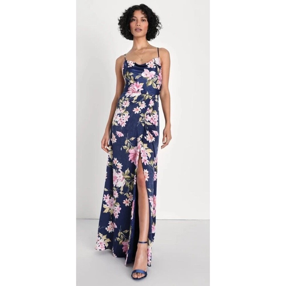 Lulus Love of Romance Satin Maxi Dress Size M Navy Floral Print Cowl Neck NWT